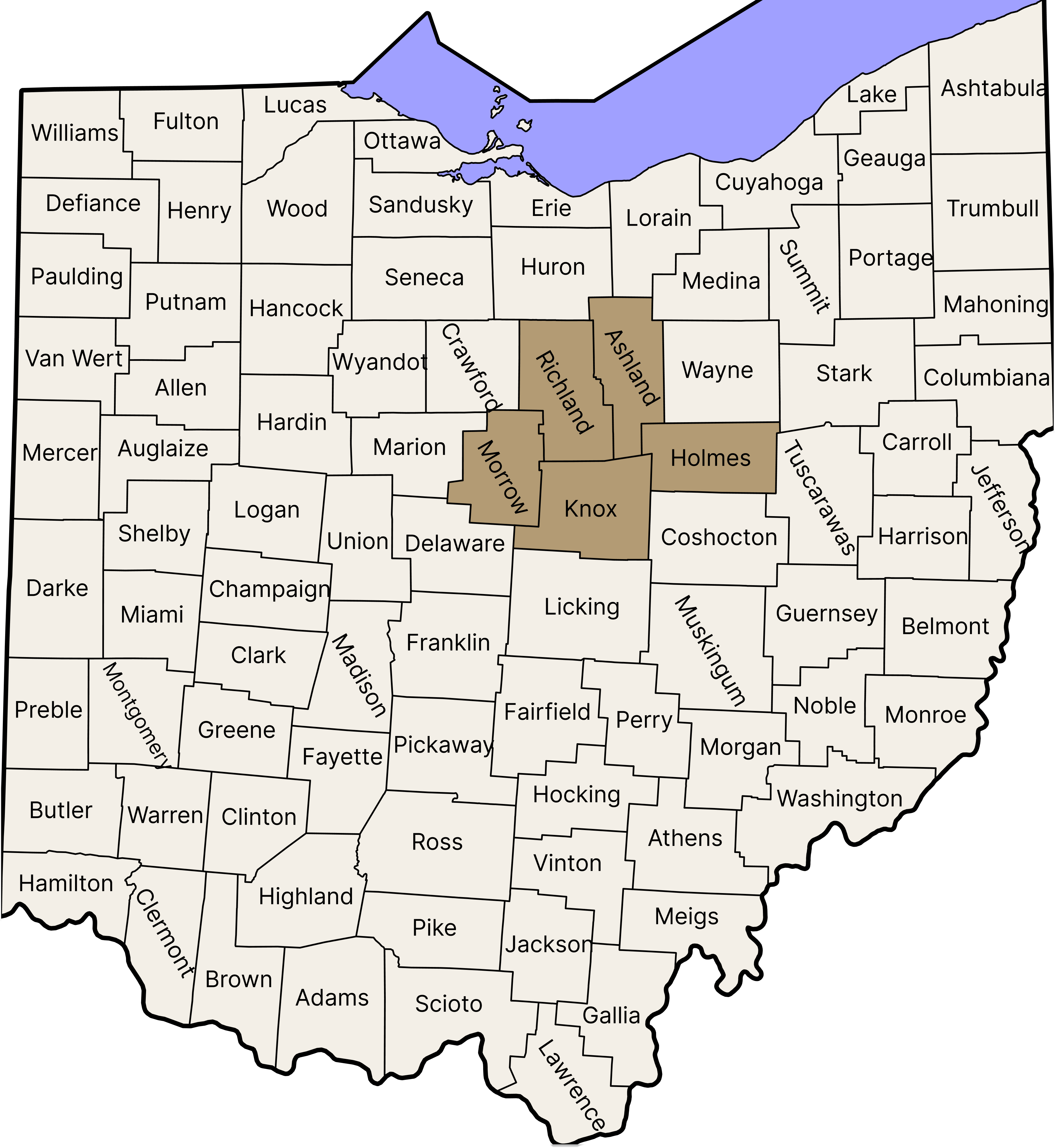 Map of Ohio with Richland, Morrow, Knox, Holmes, and Ashland counties highlighted as the Mid-Ohio service area.